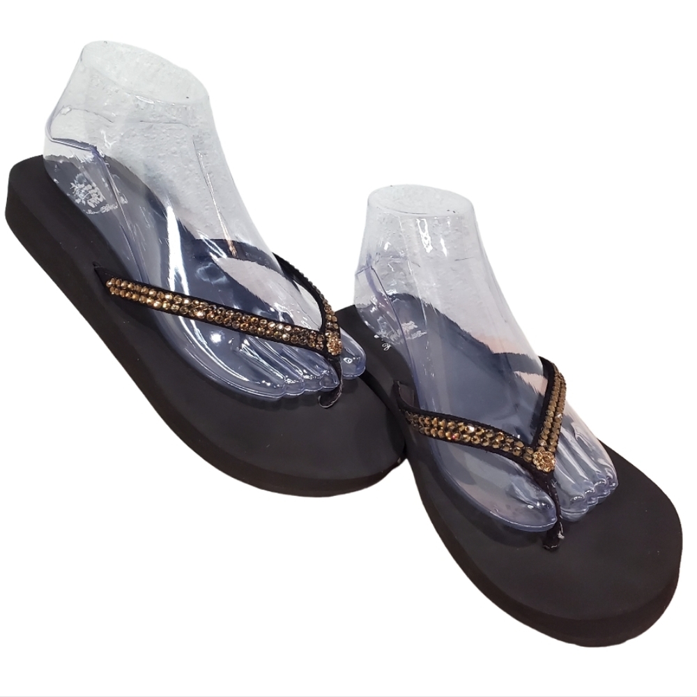 Yellow Box Brown Rhinestones Jello C Flip Flops Size 9